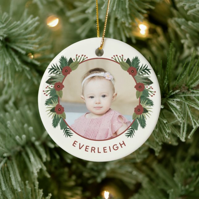 Elegant Floral 2 Photo Baby's 1st Christmas   Ceramic Ornament (Tree)