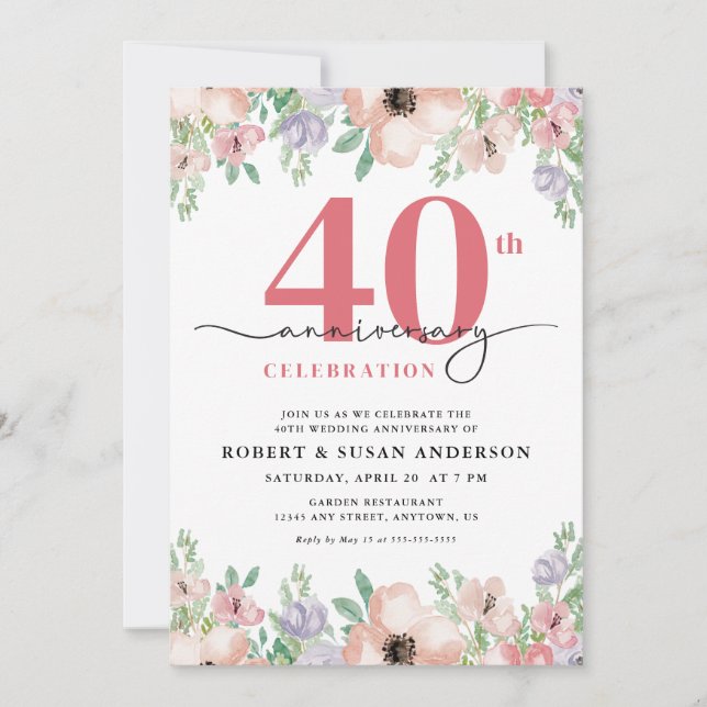 Elegant Floral 40th Wedding Anniversary Invitation (Front)