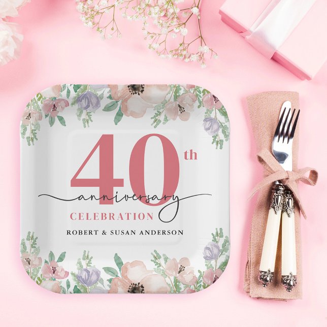 Elegant Floral 40th Wedding Anniversary Paper Plate (Creator Uploaded)