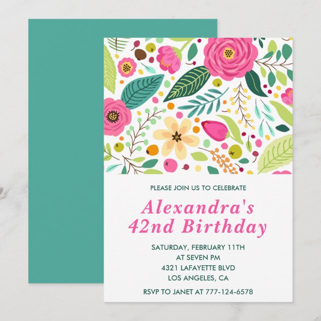 Elegant Floral 42nd birthday invitations Colourful (Front/Back)