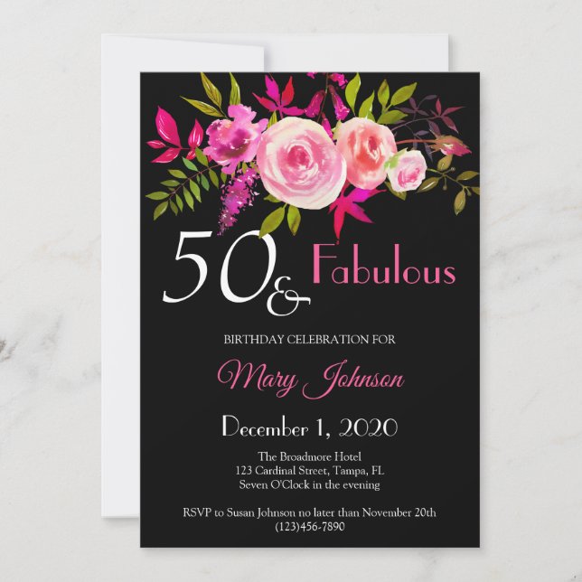 Elegant Floral 50 & Fabulous Birthday Invitation (Front)