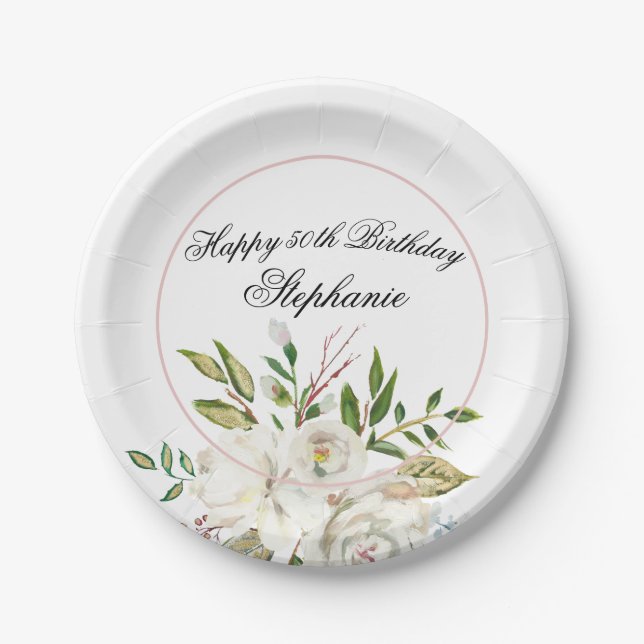 Elegant Floral 50th Birthday Paper Plate (Front)
