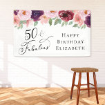 Elegant Floral 50th Birthday Party Banner<br><div class="desc">Elegant banner and welcome sign for her 50th birthday party featuring "50 & Fabulous" in a stylish script and watercolor bouquets of burgundy red,  blush pink and purple florals with light sage greenery. Easily personalize with her name.</div>