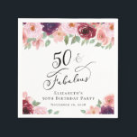 Elegant Floral 50th Birthday Party Napkin<br><div class="desc">Elegant napkins for her 50th birthday party featuring "50 & Fabulous" in a stylish script and watercolor bouquets of burgundy red,  blush pink and purple florals with light sage greenery. Easily personalize with her name and the party date.</div>