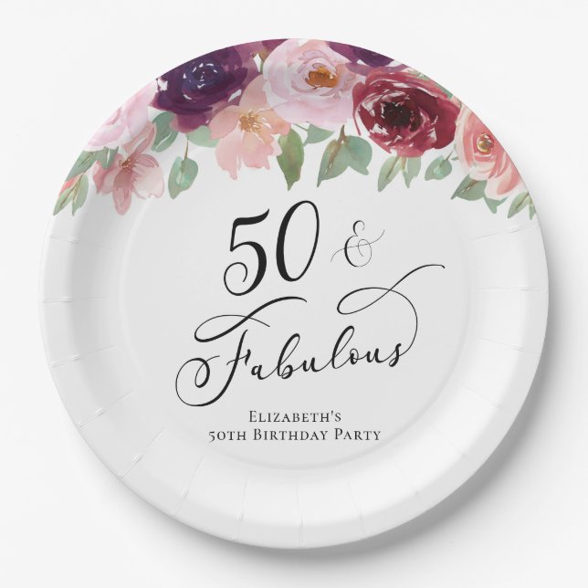 Elegant Floral 50th Birthday Party Paper Plate (Front)
