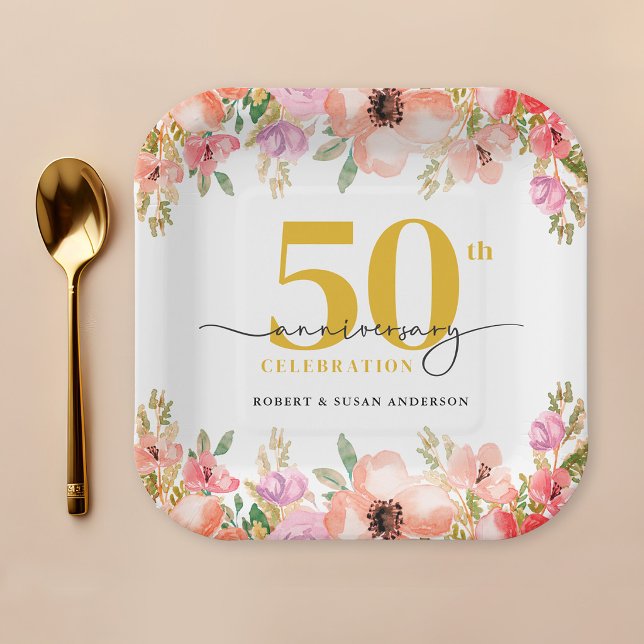 Elegant Floral 50th Wedding Anniversary Paper Plate (Creator Uploaded)