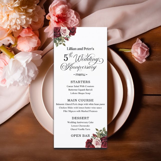 Elegant Floral 5th Wedding Anniversary Menu (Creator Uploaded)