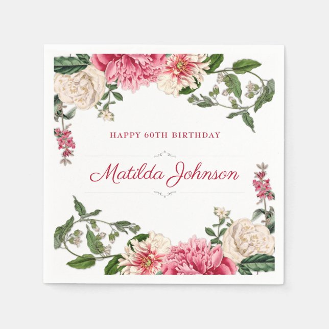 Elegant Floral 60th Birthday Party Classy Custom Napkin (Front)