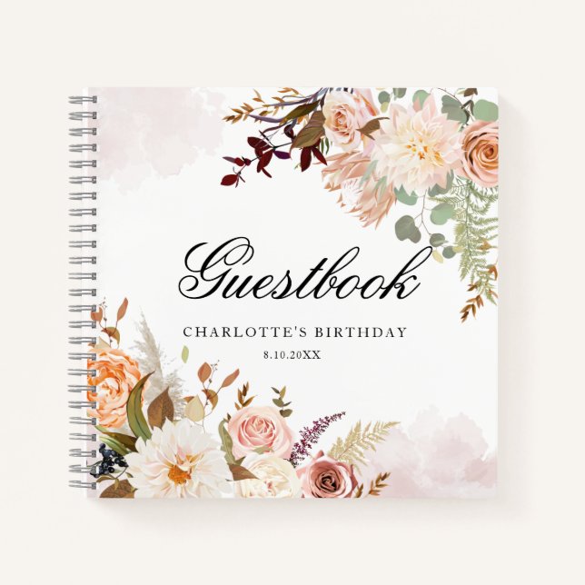 Elegant Floral 60th Birthday Party Guest Notebook (Front)
