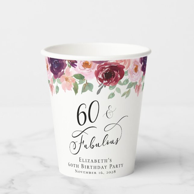 Elegant Floral 60th Birthday Party Paper Cups (Front)