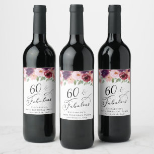 Elegant Floral 60th Birthday Party Wine Label