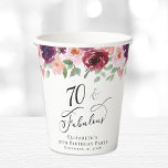 Elegant Floral 70th Birthday Party Paper Cups<br><div class="desc">Elegant paper cups for her 70th birthday party featuring "70 & Fabulous" in a stylish script and watercolor bouquets of burgundy red,  blush pink and purple florals with sage greenery.</div>