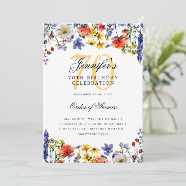 Elegant Floral 70th Birthday Party Program Menu  (Standing Front)