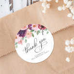 Elegant Floral 70th Birthday Party Thank You Classic Round Sticker<br><div class="desc">Elegant thank you stickers for your 70th birthday party favours and thank you cards featuring "thank you" in a chic calligraphy script and watercolor bouquets of burgundy red and blush pink florals with sage greenery. Personalize with your name.</div>