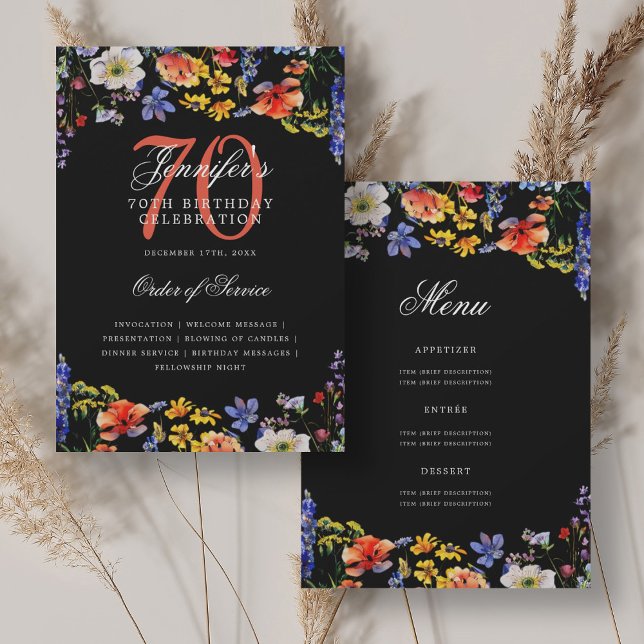Elegant Floral 70th Birthday Program Menu Black (Elegant Floral 70th Birthday Program Menu Black)