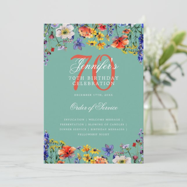 Elegant Floral 70th Birthday Program Menu Teal  (Standing Front)