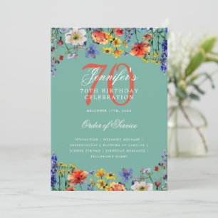Elegant Floral 70th Birthday Program Menu Teal 