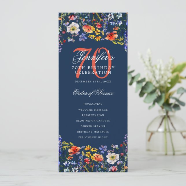 Elegant Floral 70th Birthday Program Navy  (Standing Front)