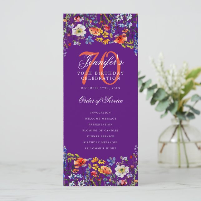 Elegant Floral 70th Birthday Program Purple  (Standing Front)