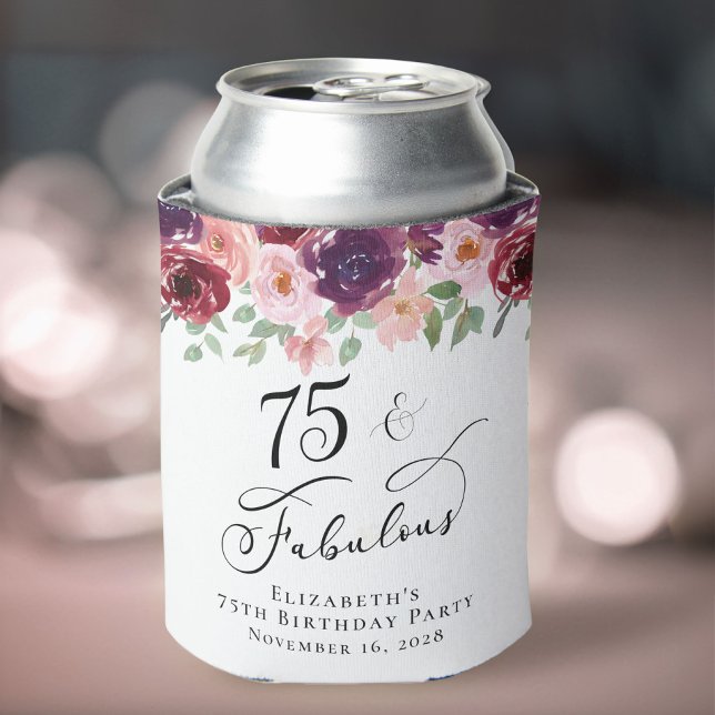 Elegant Floral 75th Birthday Party Can Cooler (Creator Uploaded)