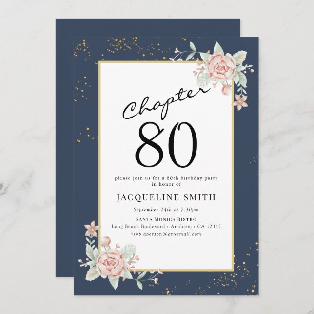 Elégant Floral 80e anniversaire Invitation (Devant / Derrière)