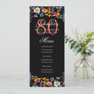 Elegant Floral 80th Birthday Party Menu Black Invitation