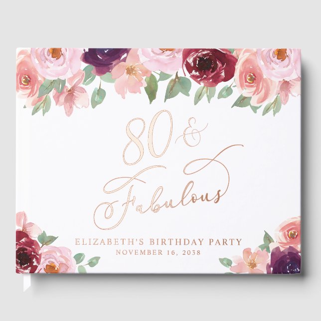 Elegant Floral 80th Birthday Party Rose Gold Guest Book (Front)