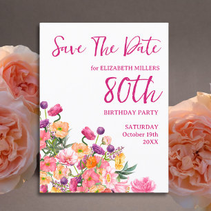 Elegant Floral 80th Birthday Party Save The Date Announcement Postcard