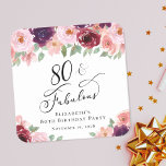 Elegant Floral 80th Birthday Party Square Paper Coaster<br><div class="desc">Elegant 80th birthday party  coaster featuring "80 & Fabulous" in a chic calligraphy script and watercolor bouquets of burgundy red and blush pink florals with sage greenery.</div>