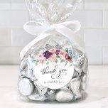 Elegant Floral 80th Birthday Party Thank You Classic Round Sticker<br><div class="desc">Elegant and chic 80th birthday party thank you stickers for your favours and thank you cards featuring "thank you" in a chic calligraphy script and watercolor bouquets of burgundy red and blush pink florals with sage greenery. Personalize with your name.</div>