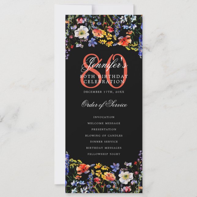 Elegant Floral 80th Birthday Program Black (Front)