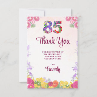 Elegant Floral 85th Birthday Thanks  Thank You Card