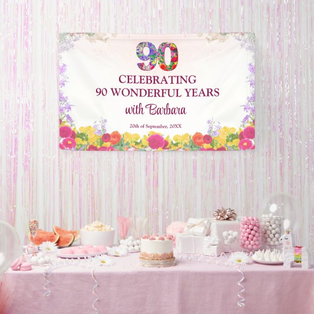 Elegant Floral 90th Birthday Party / 90 Years Banner (Party)