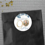 Elegant Floral 90th Birthday Party Favour Classic Round Sticker<br><div class="desc">Elegant Floral 90th Birthday Party Favour Classic Round Sticker. Indulge in the epitome of sophistication with our Blue Floral Birthday Theme, where elegance meets charm in every detail. Delicate blue florals dance gracefully against a backdrop of timeless sophistication, accentuated by shimmering gold text that adds a touch of luxury to...</div>