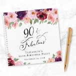 Elegant Floral 90th Birthday Party Guest Book<br><div class="desc">Elegant guest book for her 90th birthday party with "90 & Fabulous" in a stylish calligraphy script and watercolor bouquets of burgundy red and blush pink florals with sage greenery.</div>