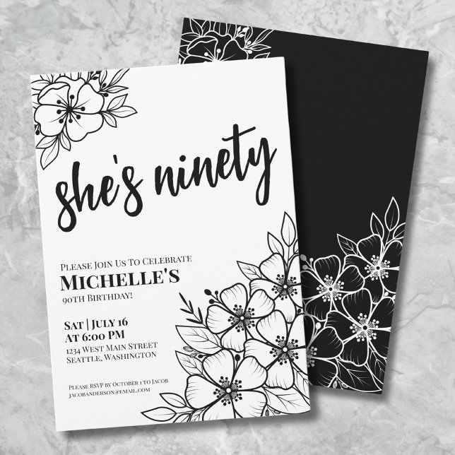 Elegant Floral 90th Birthday Party Invitation (Floral Ninetieth Black White 90th Birthday Party Invitation)