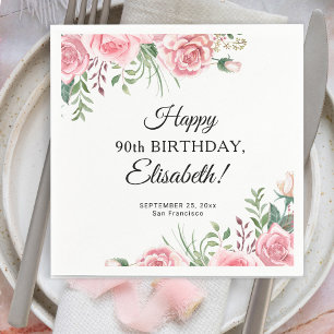 Elegant floral 90th birthday party napkin