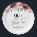 Elegant Floral 90th Birthday Party Paper Plate<br><div class="desc">Elegant paper plates for her 90th birthday party with "90 & Fabulous" in a calligraphy script and watercolor bouquets of burgundy red,  blush pink and purple florals.</div>