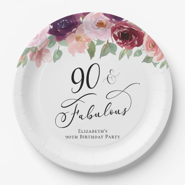 Elegant Floral 90th Birthday Party Paper Plate (Front)