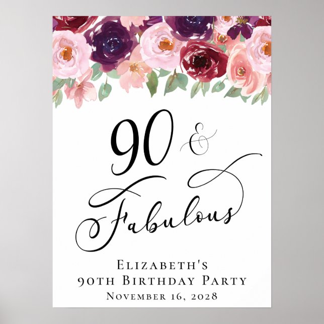 Elegant Floral 90th Birthday Party Poster (Front)