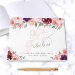 Elegant Floral 90th Birthday Party Rose Gold Guest Book<br><div class="desc">Elegant guest book for her 90th birthday party featuring rose gold foil,  "90 & Fabulous" in a chic calligraphy script and watercolor illustrations of burgundy red and blush pink florals. Personalize with her name,  the party date and a title on the spine in classic serif typography.</div>
