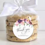 Elegant Floral 90th Birthday Party Thank You Classic Round Sticker<br><div class="desc">Elegant and chic personalized thank you stickers for your 90th birthday party favours and thank you cards featuring "thank you" in a chic calligraphy script and watercolor bouquets of burgundy red and blush pink florals with sage greenery. Personalize with your name.</div>