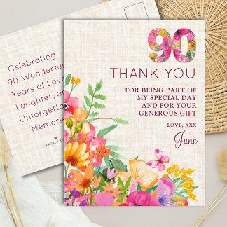 Elegant Floral 90th Birthday Thank You for Her Announcement Postcard