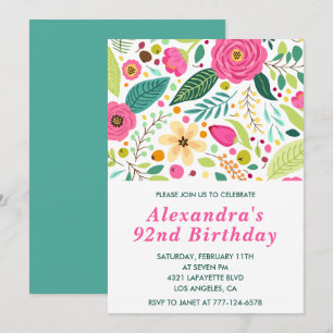 Elegant Floral 92nd birthday invitations Colourful