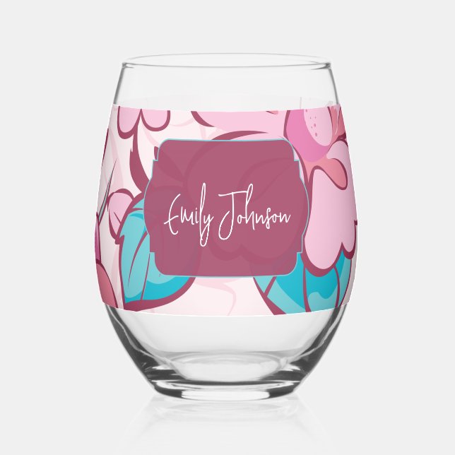 Elegant Floral Abstract Pink Blue Custom Name Stemless Wine Glass (Left)