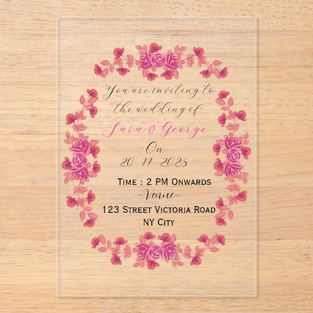 Elegant Floral Acrylic Wedding Invitation  (Front)