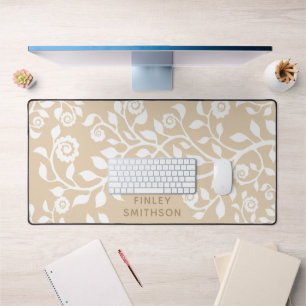 Elegant Floral Add Your Name Girly White And Tan Desk Mat