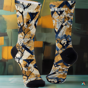 Elegant Floral and Blue Patchwork – Personalized Socks