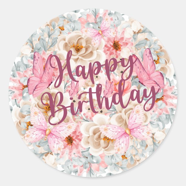 Elegant Floral and Butterfly Birthday Sticker (Front)
