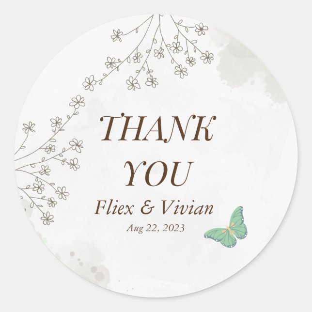 Elegant floral and butterfly wedding  classic round sticker (Front)